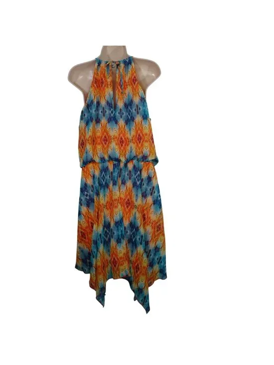 City Triangles Orange Blue Sleeveless Asymmetric Dress Women Size XL Necklace - Picture 5 of 11